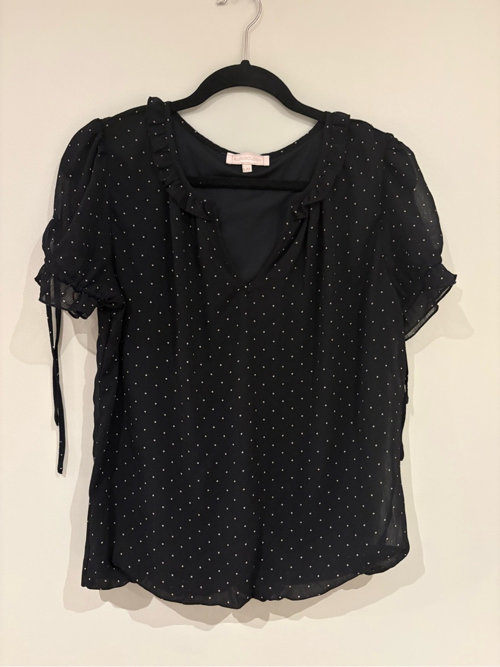 Black Polka Dot Ruffle V-Neck Short Sleeve Blouse